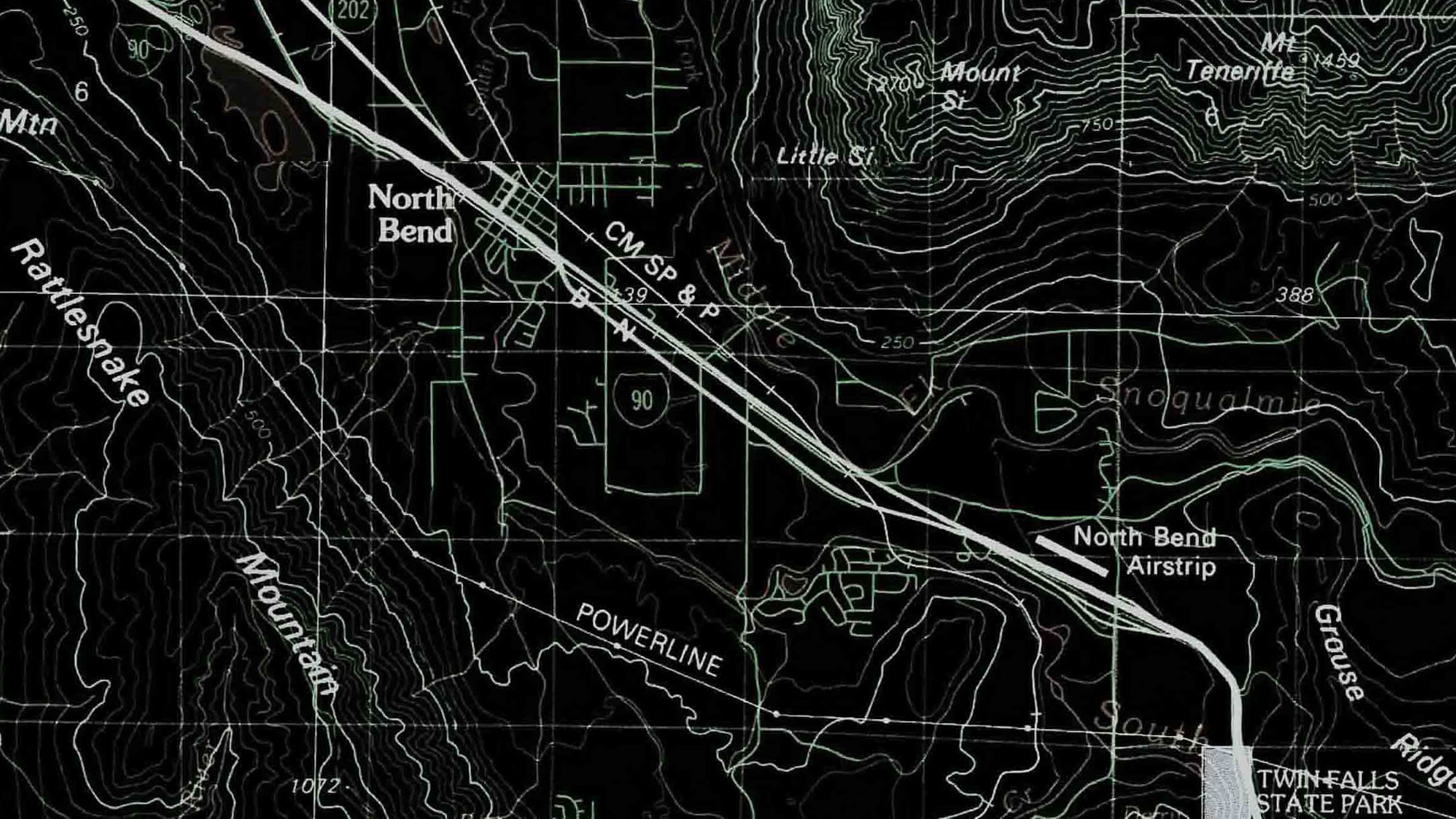 Topographic map of North Bend, Washington and surrounding Mount Si area.